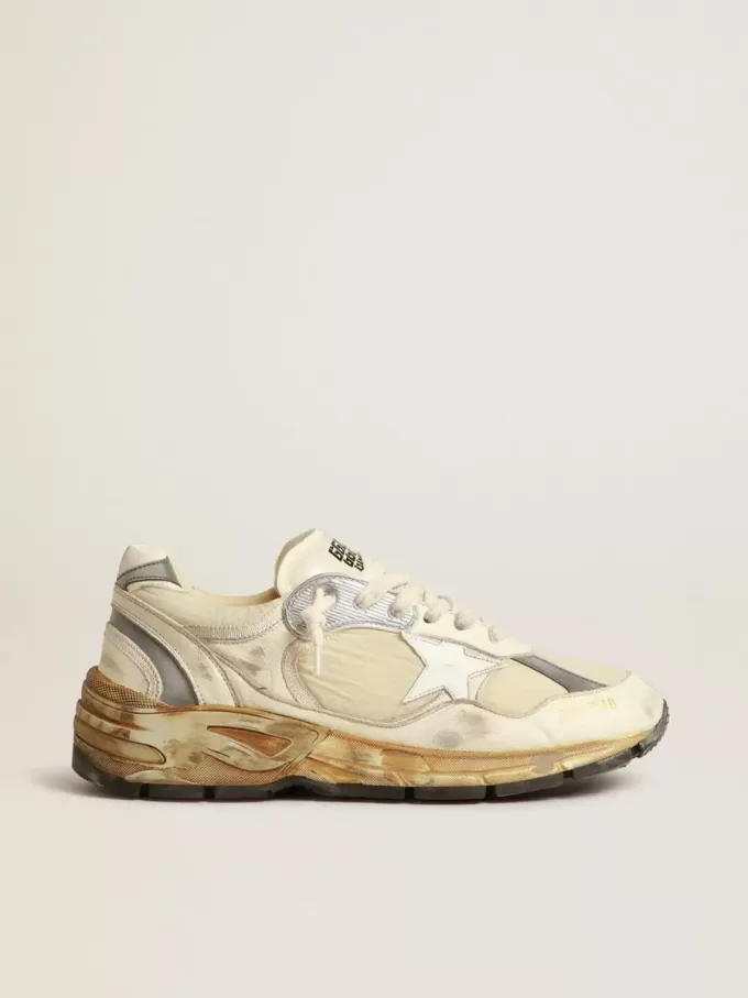 Dad-Star da uomo in nappa beige e nylon con stella in pelle bianca Dad-Star da uomo in nappa beige e nylon con stella in pelle bianca