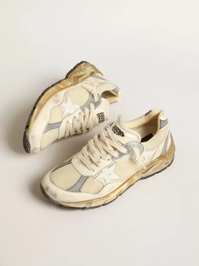 Dad-Star da uomo in nappa beige e nylon con stella in pelle bianca Dad-Star da uomo in nappa beige e nylon con stella in pelle bianca