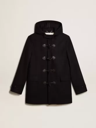 Duffle coat in lana blu scuro con cappuccio e chiusura con alamari