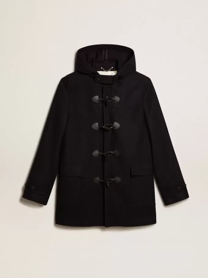 Duffle coat in lana blu scuro con cappuccio e chiusura con alamari Duffle coat in lana blu scuro con cappuccio e chiusura con alamari