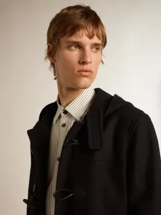 Duffle coat in lana blu scuro con cappuccio e chiusura con alamari