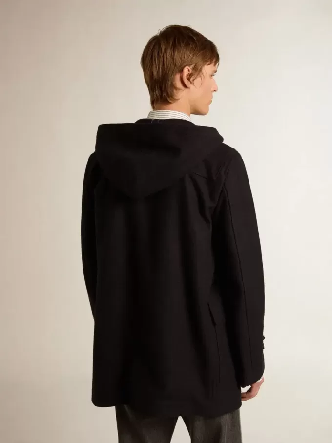 Duffle coat in lana blu scuro con cappuccio e chiusura con alamari Duffle coat in lana blu scuro con cappuccio e chiusura con alamari