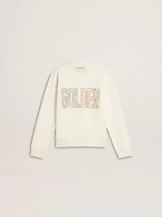 Felpa bianca da bambina con scritta multicolore Golden sul davanti