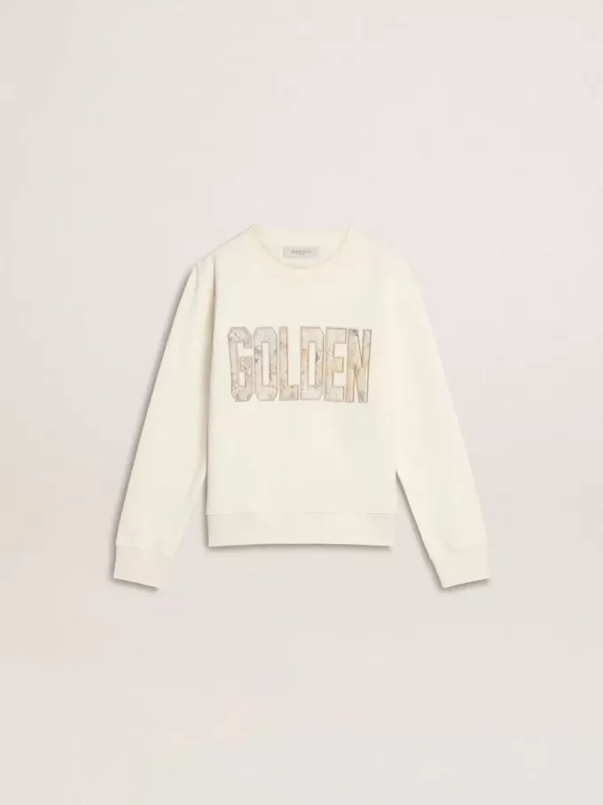 Felpa bianca da bambina con scritta multicolore Golden sul davanti Felpa bianca da bambina con scritta multicolore Golden sul davanti