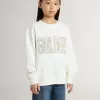 Felpa bianca da bambina con scritta multicolore Golden sul davanti Felpa bianca da bambina con scritta multicolore Golden sul davanti