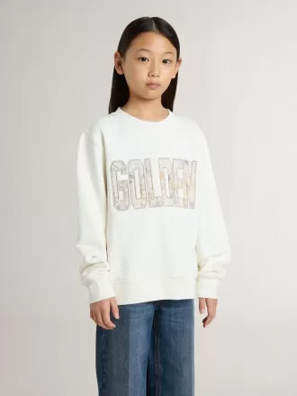 Felpa bianca da bambina con scritta multicolore Golden sul davanti