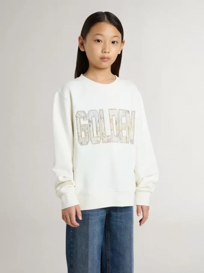 Felpa bianca da bambina con scritta multicolore Golden sul davanti Felpa bianca da bambina con scritta multicolore Golden sul davanti