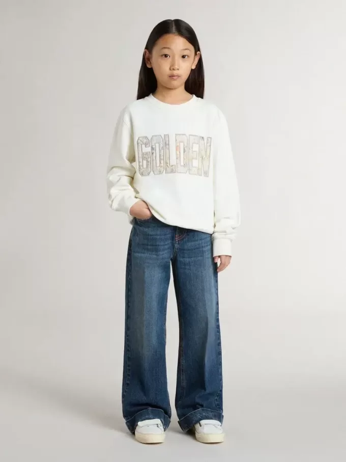 Felpa bianca da bambina con scritta multicolore Golden sul davanti Felpa bianca da bambina con scritta multicolore Golden sul davanti