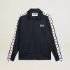 Felpa blu scuro con zip, striscia bianca e stelle a contrasto Felpa blu scuro con zip, striscia bianca e stelle a contrasto