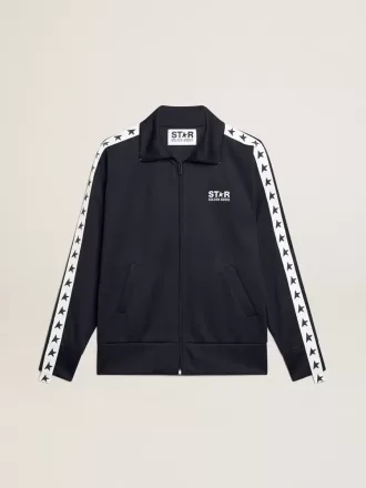 Felpa blu scuro con zip, striscia bianca e stelle a contrasto