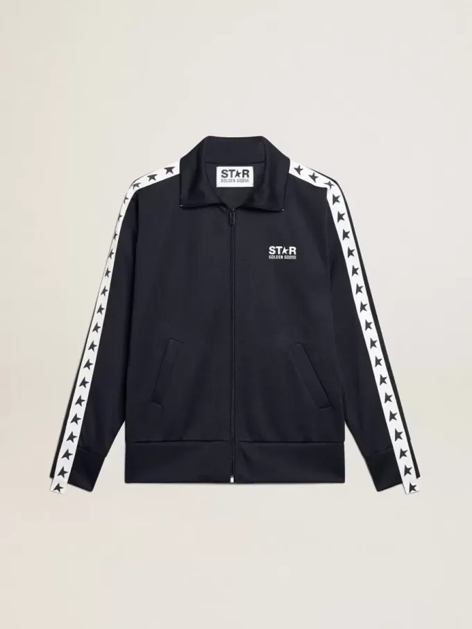 Felpa blu scuro con zip, striscia bianca e stelle a contrasto Felpa blu scuro con zip, striscia bianca e stelle a contrasto