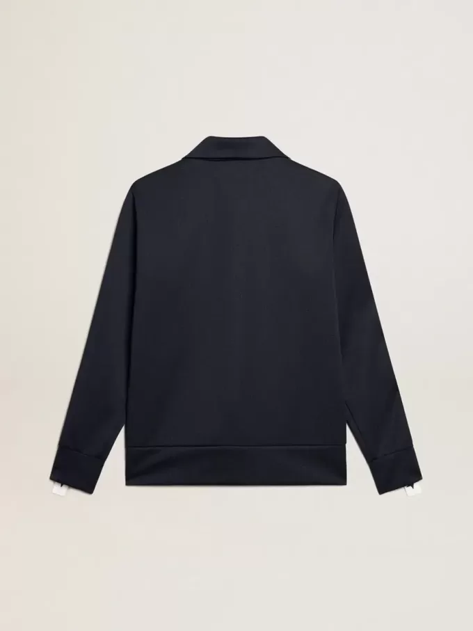 Felpa blu scuro con zip, striscia bianca e stelle a contrasto Felpa blu scuro con zip, striscia bianca e stelle a contrasto