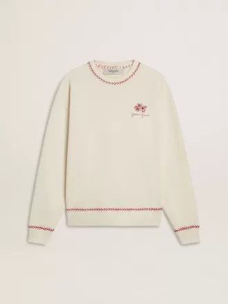 Felpa CNY in cotone bianco consumato con ricami rossi