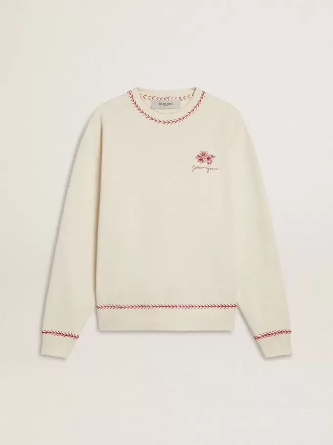 Felpa CNY in cotone bianco consumato con ricami rossi