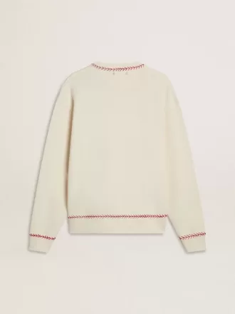 Felpa CNY in cotone bianco consumato con ricami rossi
