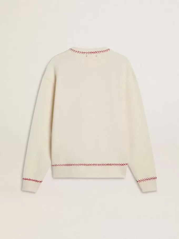 Felpa CNY in cotone bianco consumato con ricami rossi