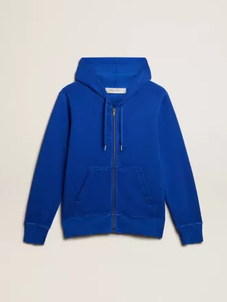 Felpa con cappuccio da uomo di colore blu con scritta sul retro