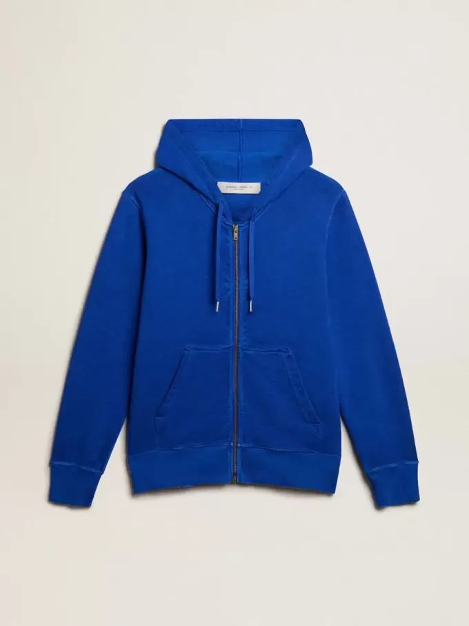 Felpa con cappuccio da uomo di colore blu con scritta sul retro Felpa con cappuccio da uomo di colore blu con scritta sul retro