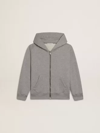 Felpa con cappuccio grigio melange con stampa sul retro