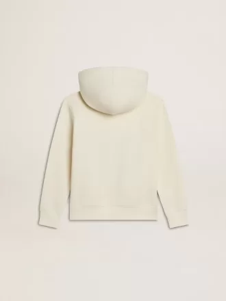 Felpa con cappuccio in bianco consumato con ricamo dorato sul davanti