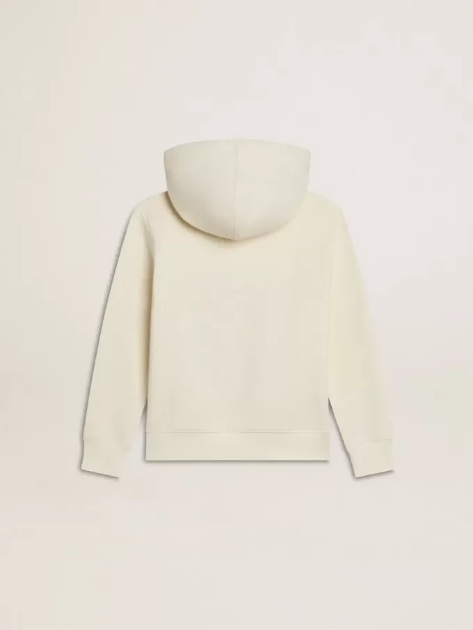 Felpa con cappuccio in bianco consumato con ricamo dorato sul davanti Felpa con cappuccio in bianco consumato con ricamo dorato sul davanti