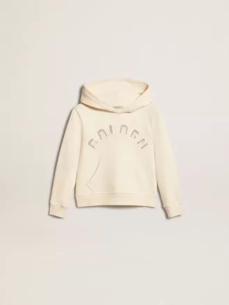 Felpa con cappuccio in bianco invecchiato con toppe