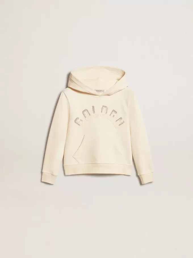 Felpa con cappuccio in bianco invecchiato con toppe