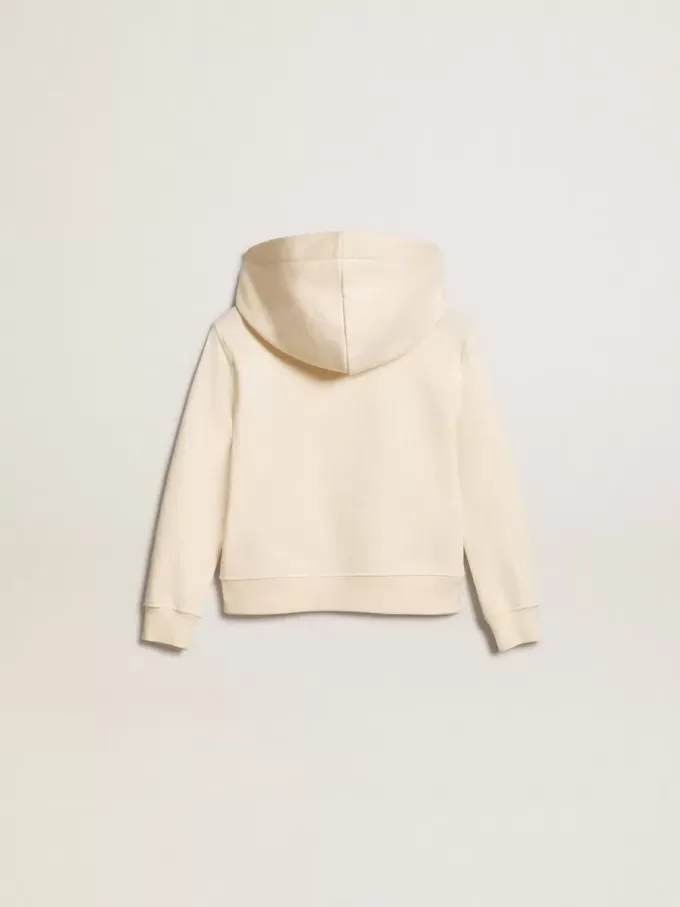 Felpa con cappuccio in bianco invecchiato con toppe
