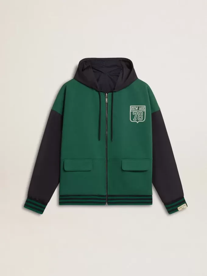 Felpa con cappuccio reversibile verde e blu da uomo