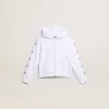 Felpa con zip da bambina in bianco con stelle glitterate sulle maniche