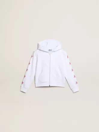 Felpa con zip da bambina in bianco con stelle glitterate sulle maniche