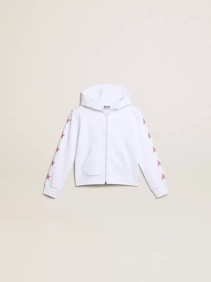 Felpa con zip da bambina in bianco con stelle glitterate sulle maniche