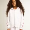 Felpa con zip da bambina in bianco con stelle glitterate sulle maniche