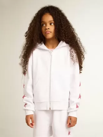 Felpa con zip da bambina in bianco con stelle glitterate sulle maniche