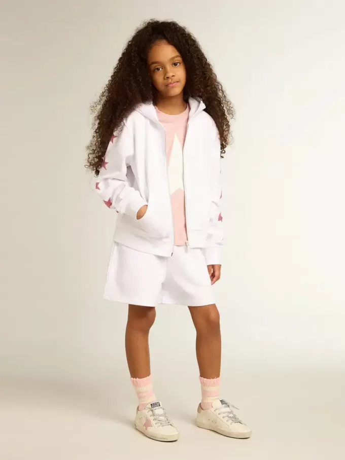 Felpa con zip da bambina in bianco con stelle glitterate sulle maniche