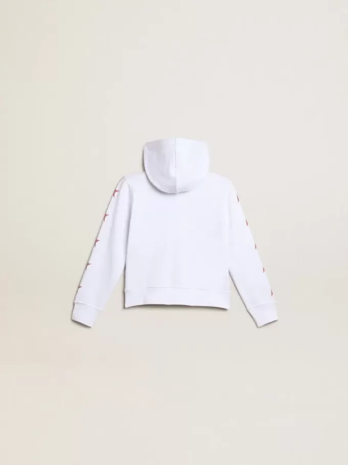Felpa con zip da bambina in bianco con stelle glitterate sulle maniche