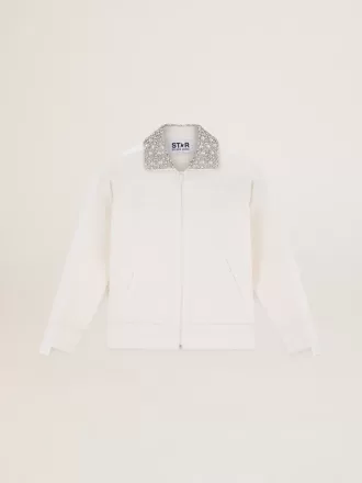 Felpa con zip Denise Star Collection in bianco papiro con collo in cristallo