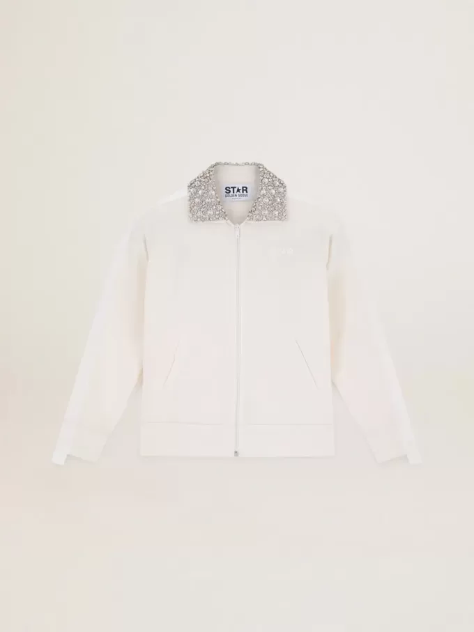 Felpa con zip Denise Star Collection in bianco papiro con collo in cristallo