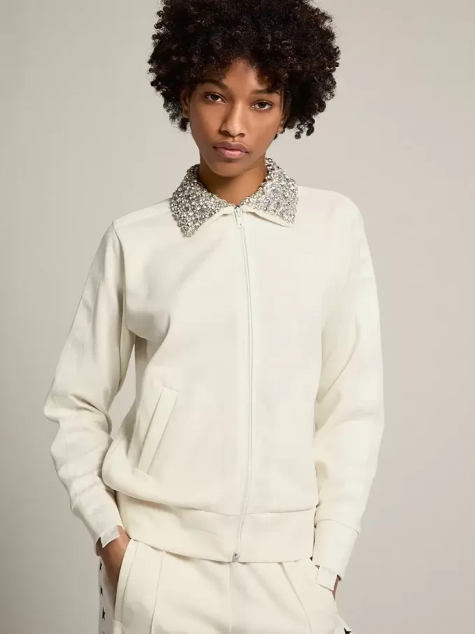 Felpa con zip Denise Star Collection in bianco papiro con collo in cristallo
