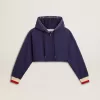 Felpa corta blu scuro con chiusura a zip e cappuccio ricamato
