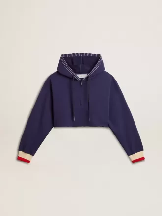 Felpa corta blu scuro con chiusura a zip e cappuccio ricamato