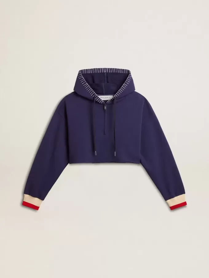 Felpa corta blu scuro con chiusura a zip e cappuccio ricamato