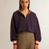 Felpa corta blu scuro con chiusura a zip e cappuccio ricamato