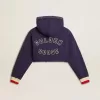 Felpa corta blu scuro con chiusura a zip e cappuccio ricamato