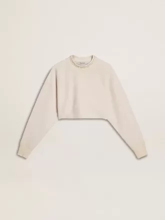 Felpa corta da donna in cotone color crema con cristalli sul davanti