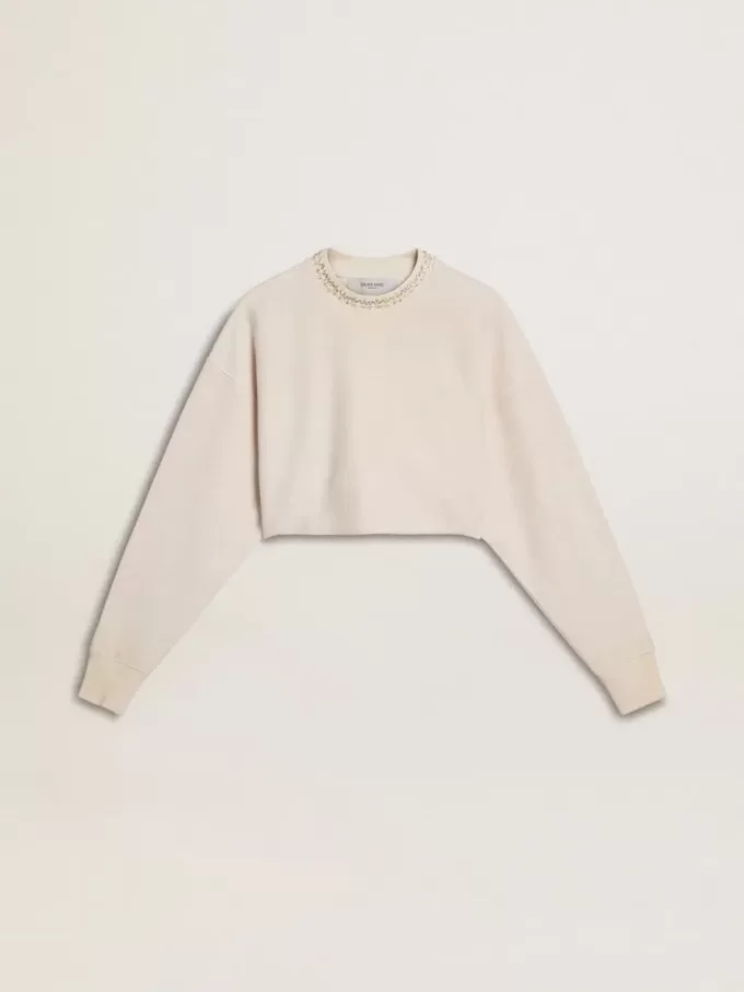 Felpa corta da donna in cotone color crema con cristalli sul davanti