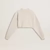 Felpa corta da donna in cotone color crema con cristalli sul davanti