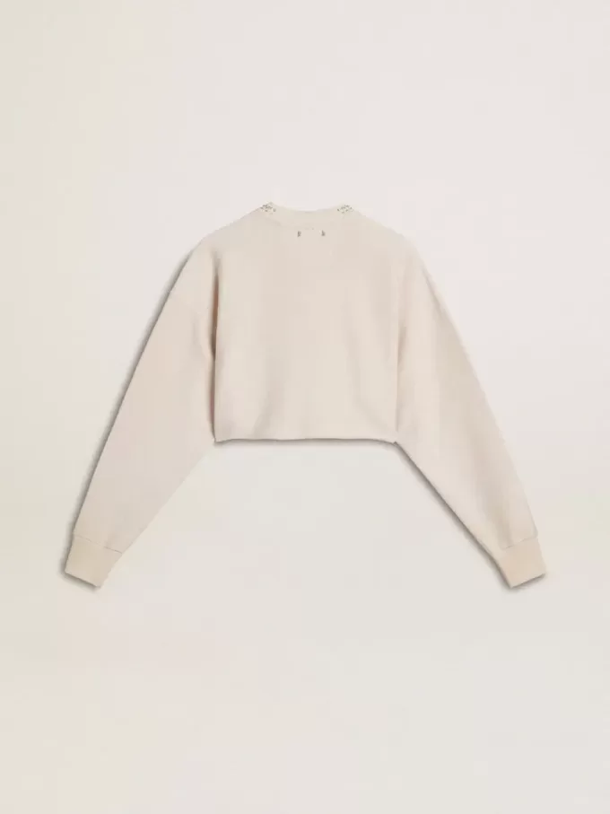Felpa corta da donna in cotone color crema con cristalli sul davanti