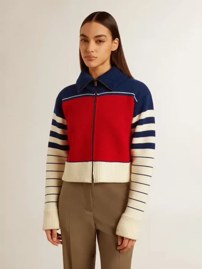 Felpa corta da donna in lana a righe multicolori