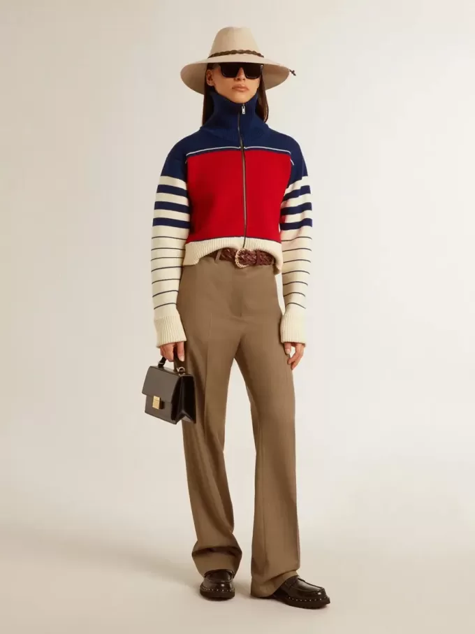 Felpa corta da donna in lana a righe multicolori